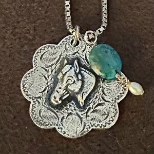 Horse/ equine sterling pendant with turquoise on 18 1/2” box chain